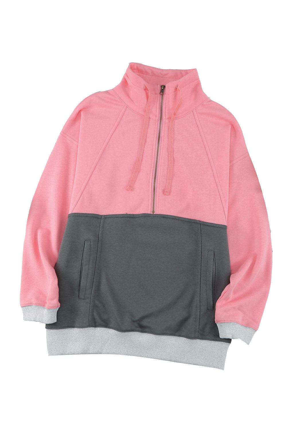 A stylish pink zipped colorblock sweatshirt with pockets, featuring a turn-down collar and a fashionable design, perfect for women.