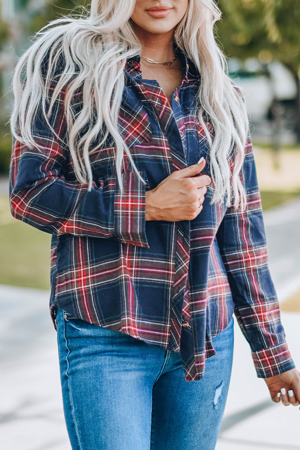 Plaid Button Pocket Long Sleeve Asymmetric Shirt featuring a turn-down collar, long sleeves, and a stylish bust pocket.