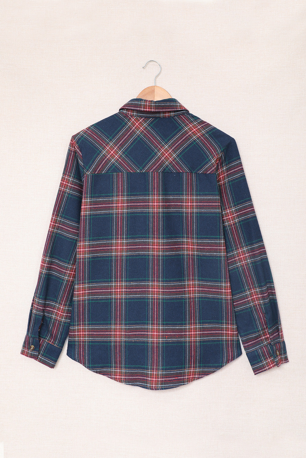 Plaid Button Pocket Long Sleeve Asymmetric Shirt featuring a turn-down collar, long sleeves, and a stylish bust pocket.