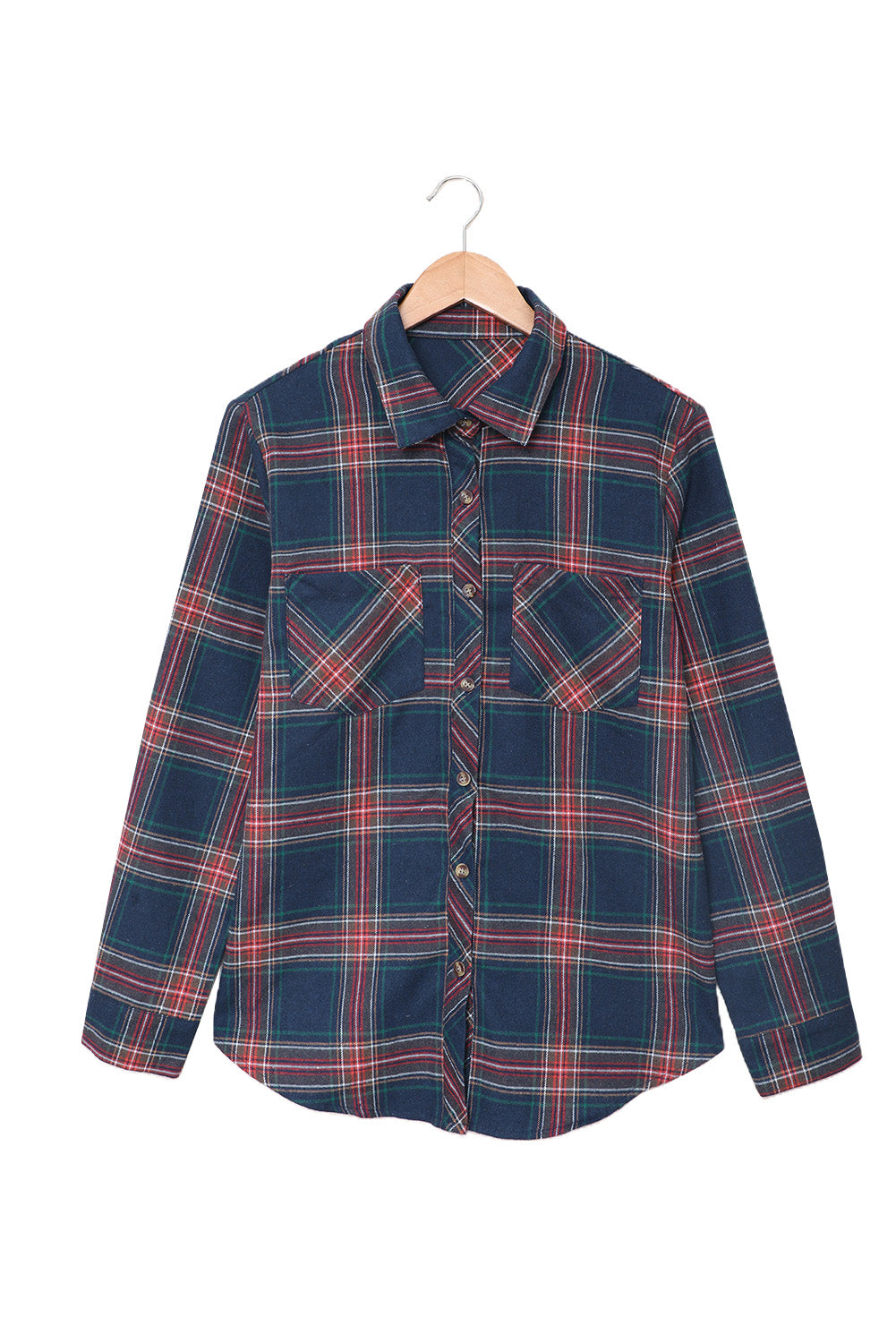 Plaid Button Pocket Long Sleeve Asymmetric Shirt featuring a turn-down collar, long sleeves, and a stylish bust pocket.