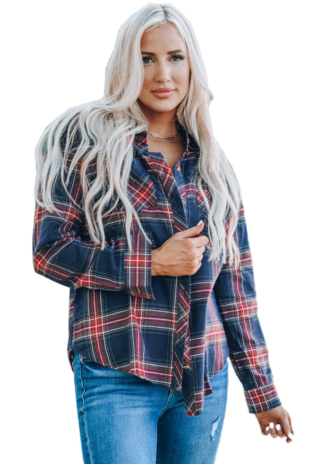 Plaid Button Pocket Long Sleeve Asymmetric Shirt featuring a turn-down collar, long sleeves, and a stylish bust pocket.