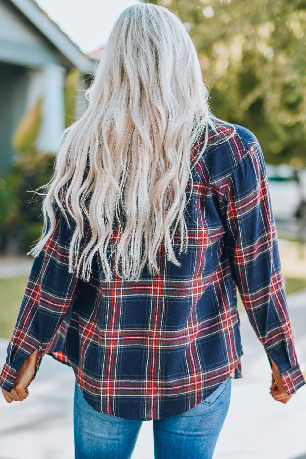 Plaid Button Pocket Long Sleeve Asymmetric Shirt featuring a turn-down collar, long sleeves, and a stylish bust pocket.