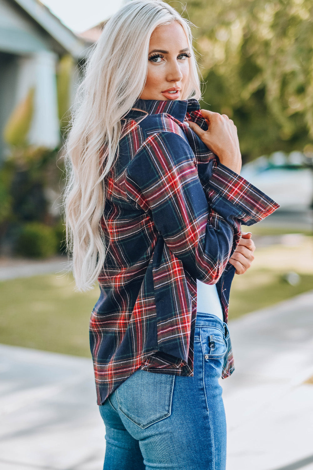 Plaid Button Pocket Long Sleeve Asymmetric Shirt featuring a turn-down collar, long sleeves, and a stylish bust pocket.