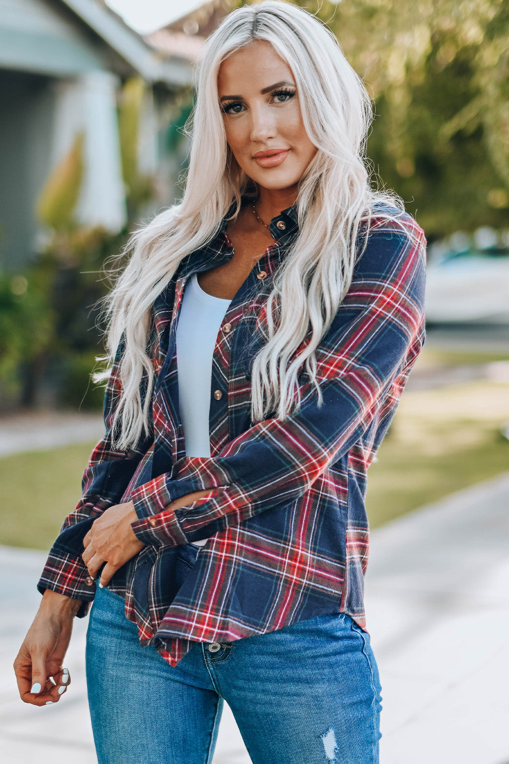 Plaid Button Pocket Long Sleeve Asymmetric Shirt featuring a turn-down collar, long sleeves, and a stylish bust pocket.