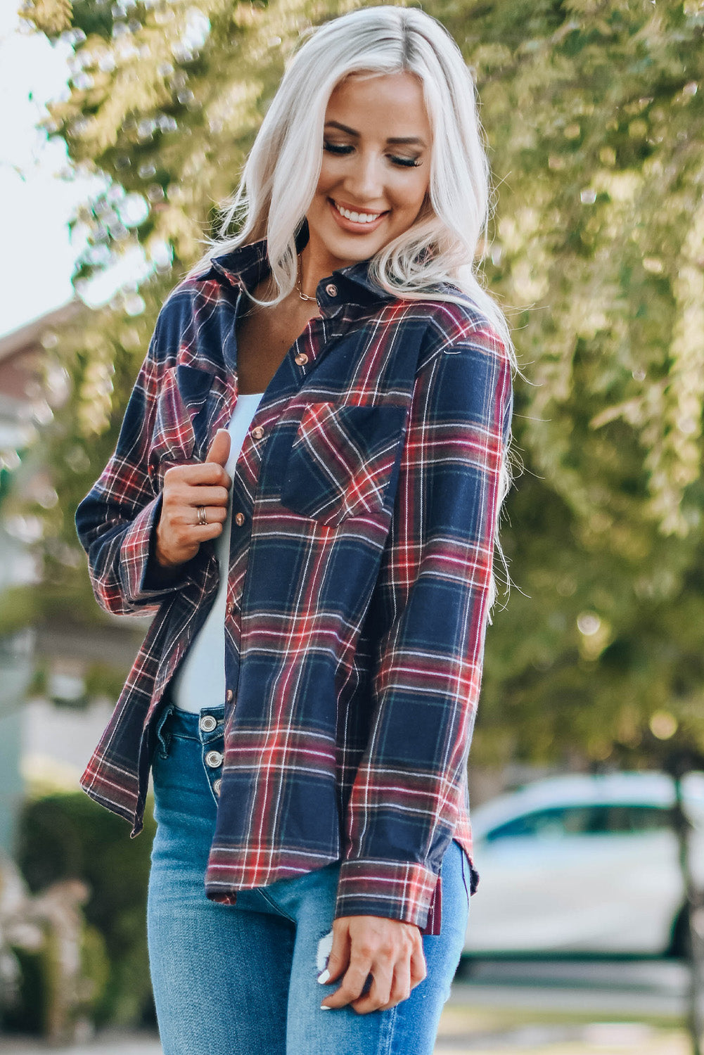 Plaid Button Pocket Long Sleeve Asymmetric Shirt featuring a turn-down collar, long sleeves, and a stylish bust pocket.