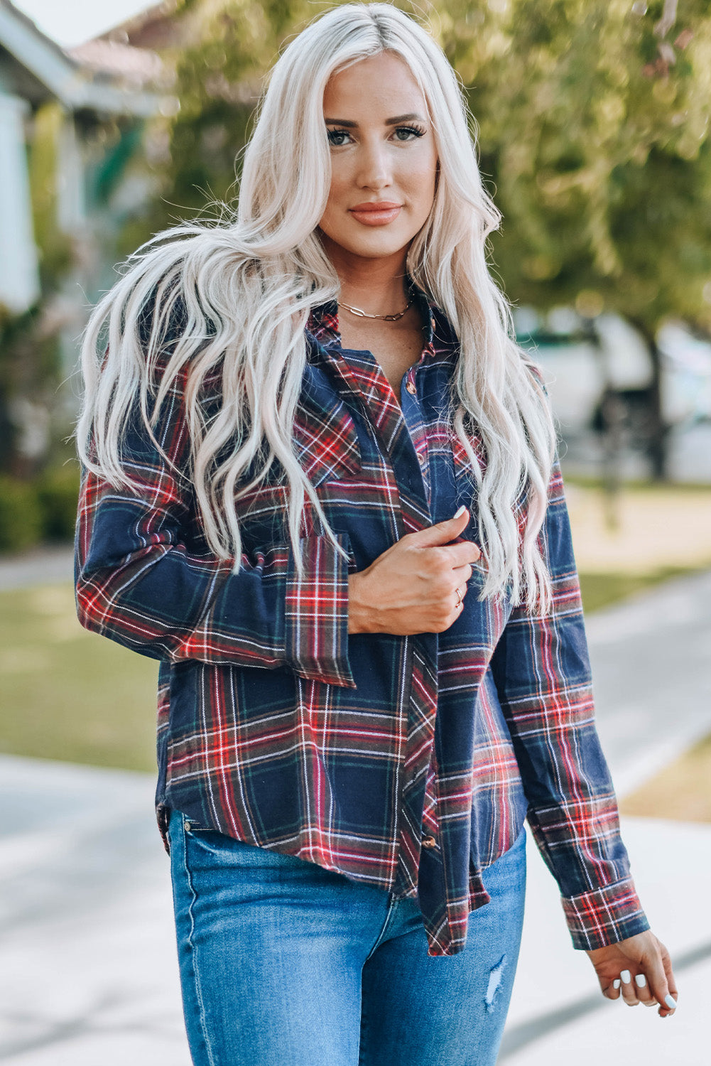 Plaid Button Pocket Long Sleeve Asymmetric Shirt featuring a turn-down collar, long sleeves, and a stylish bust pocket.