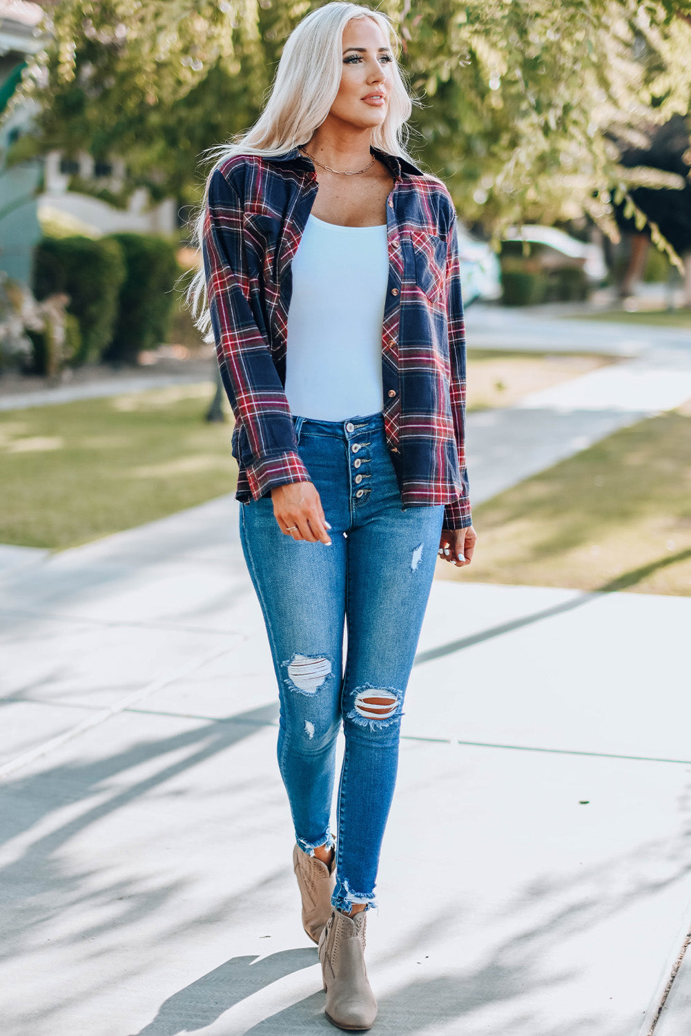 Plaid Button Pocket Long Sleeve Asymmetric Shirt featuring a turn-down collar, long sleeves, and a stylish bust pocket.