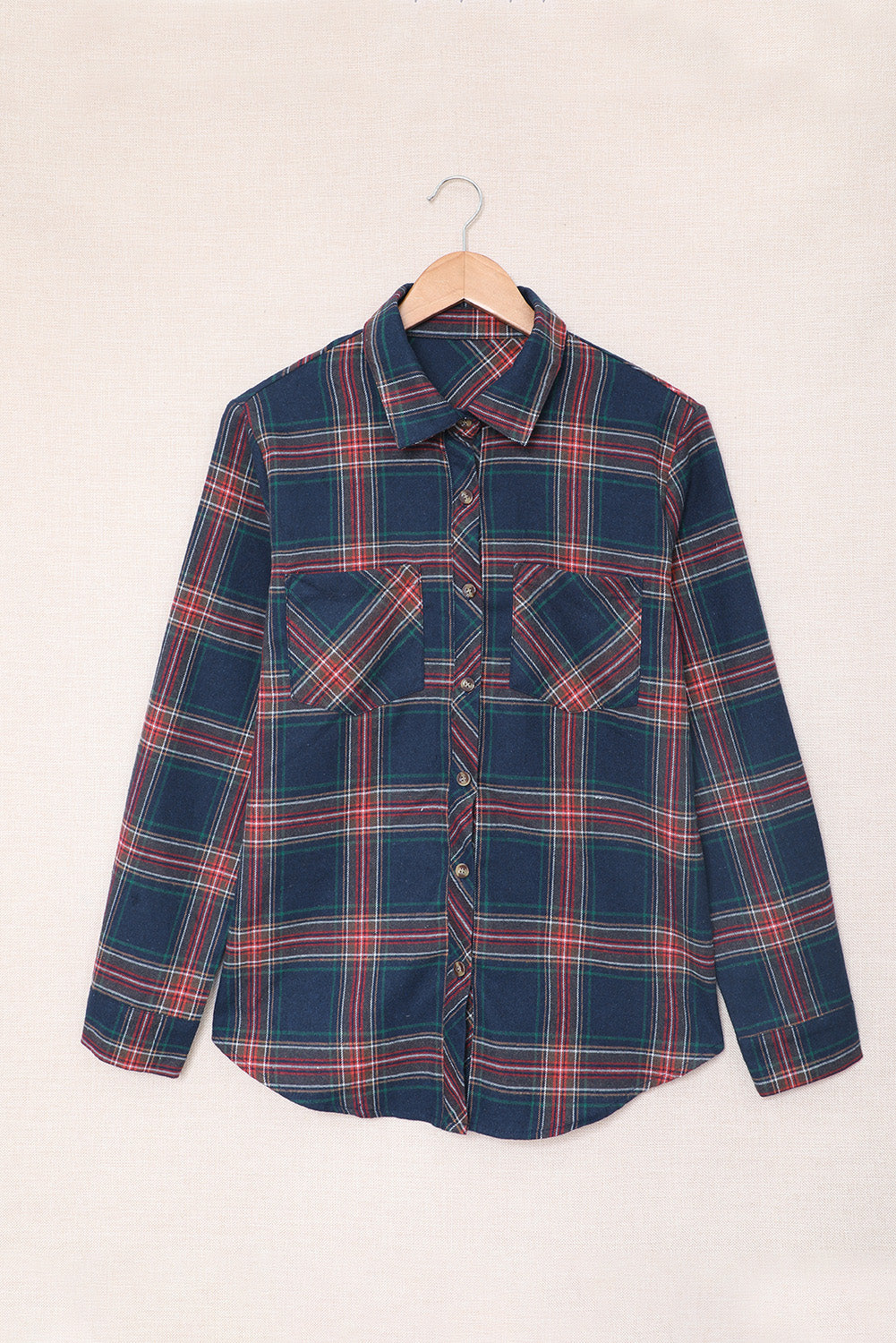 Plaid Button Pocket Long Sleeve Asymmetric Shirt featuring a turn-down collar, long sleeves, and a stylish bust pocket.