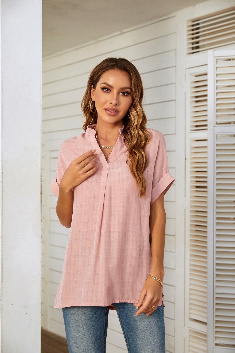 A stylish plaid gathered detail tunic blouse in lightweight fabric, featuring a V-neckline and side slit, perfect for summer wear.