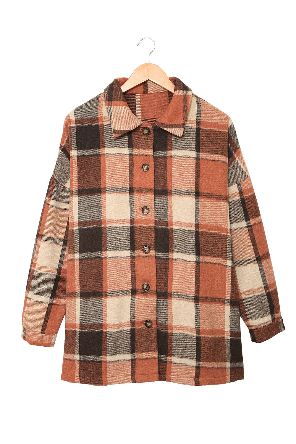 A stylish plaid print buttoned shirt jacket in warm tones, showcasing its soft fabric and button closure design.