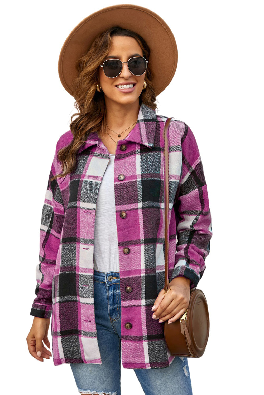 A stylish plaid print buttoned shirt jacket in warm tones, showcasing its soft fabric and button closure design.