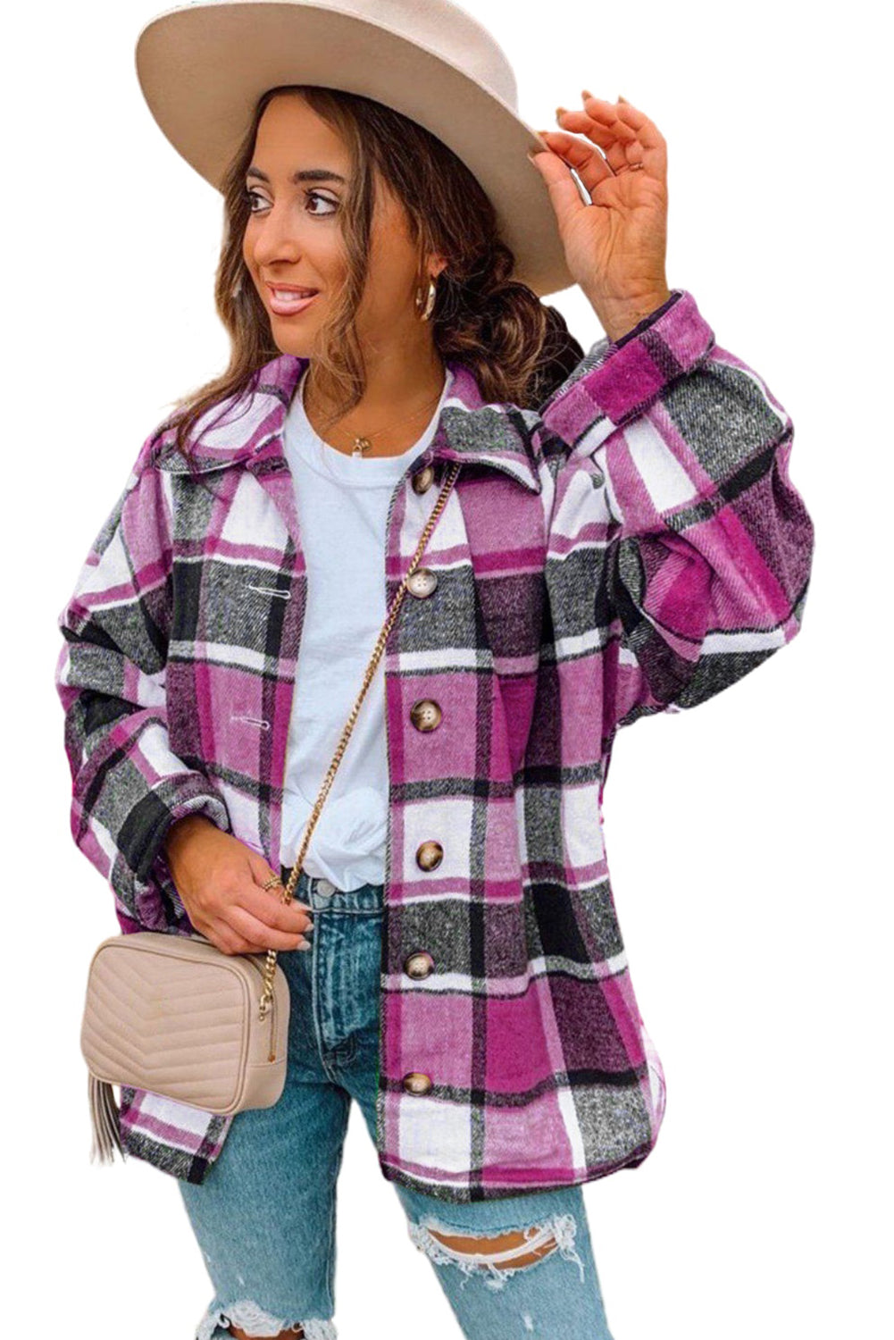 A stylish plaid print buttoned shirt jacket in warm tones, showcasing its soft fabric and button closure design.