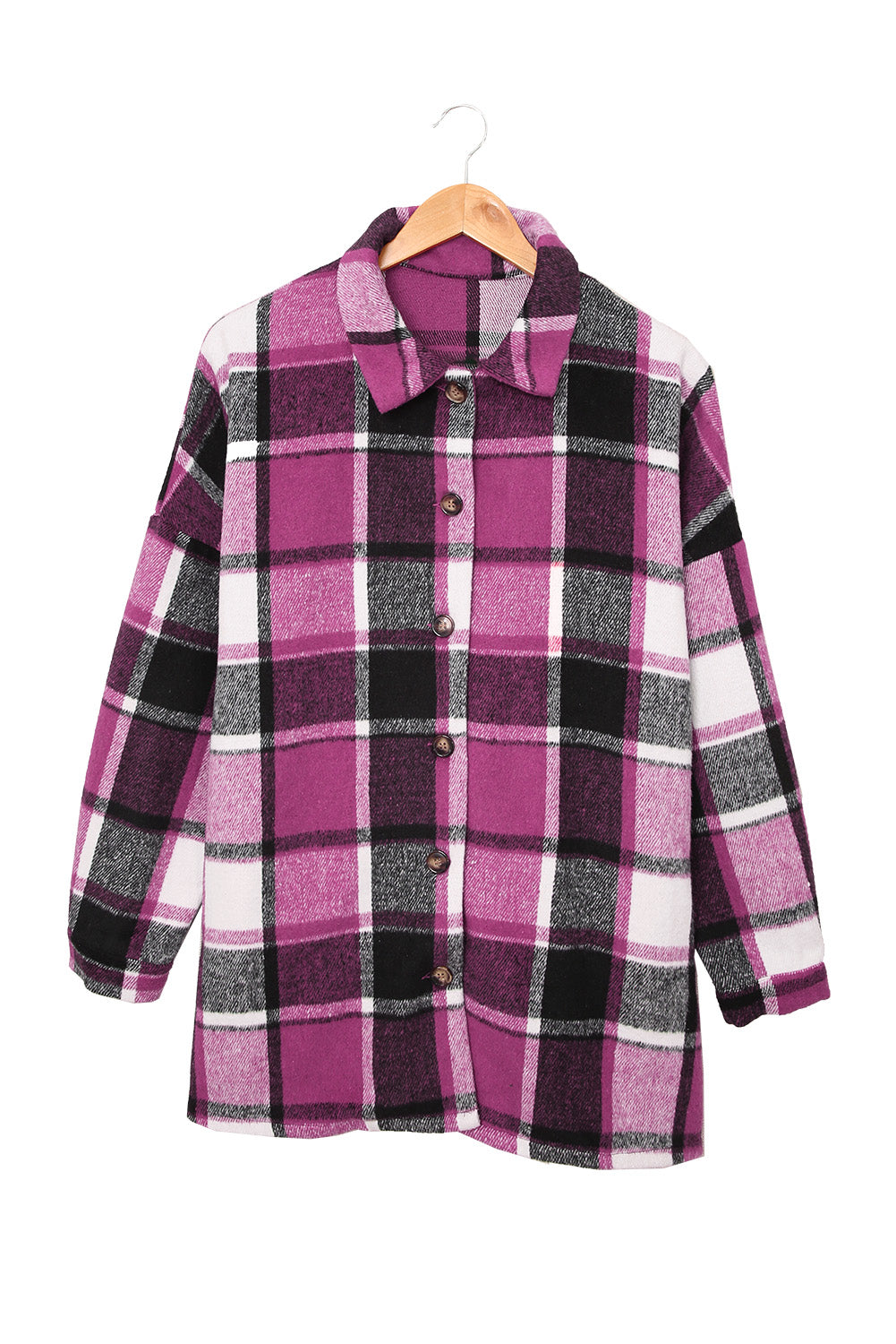 A stylish plaid print buttoned shirt jacket in warm tones, showcasing its soft fabric and button closure design.