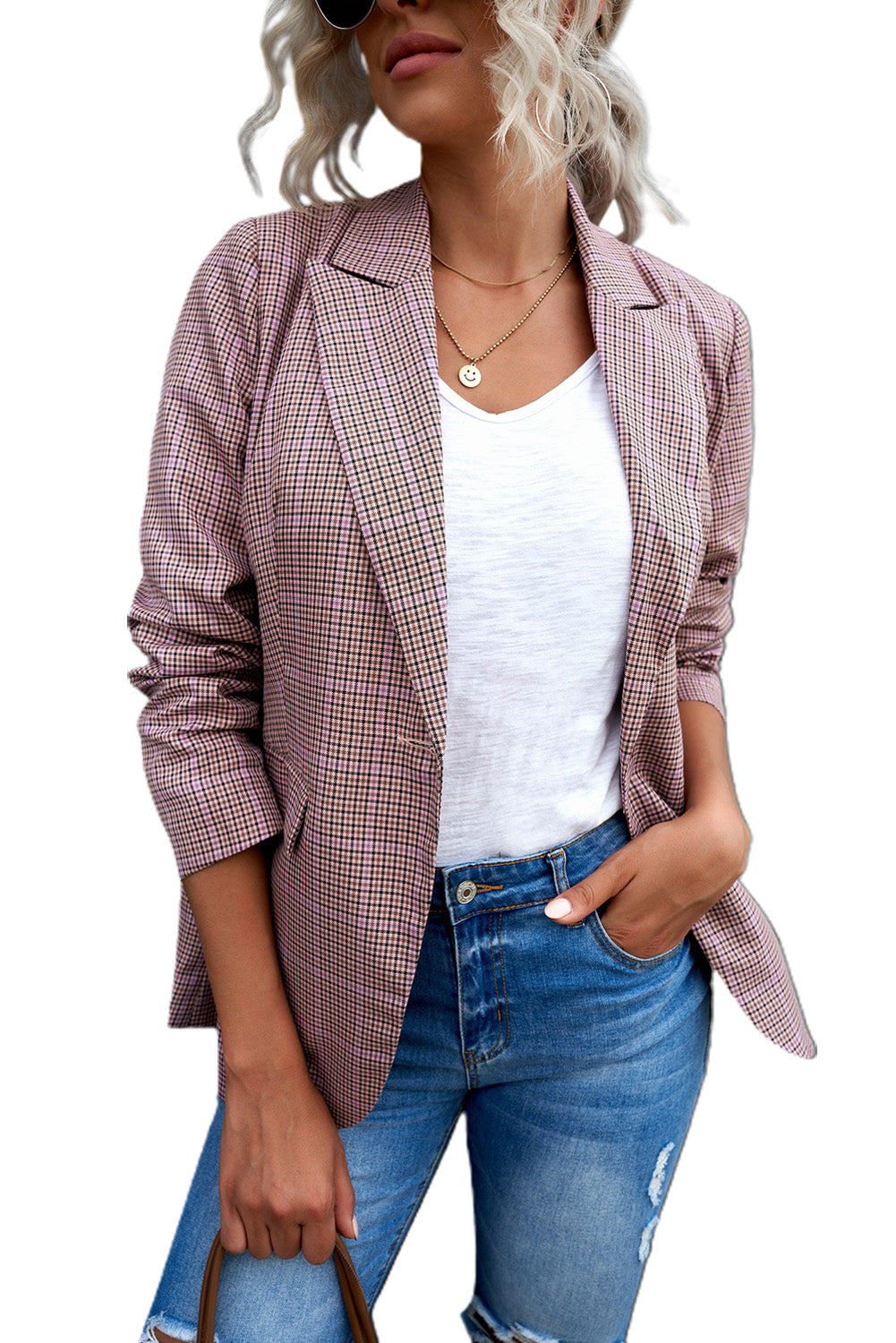 A stylish plaid print lapel collar buttoned blazer, featuring a tailored fit and two functional flap pockets, perfect for any occasion.