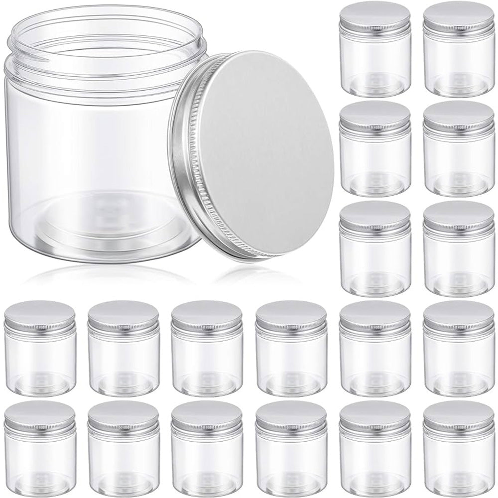 A pack of 18 clear plastic jars with lids, showcasing their transparent design and secure closures.