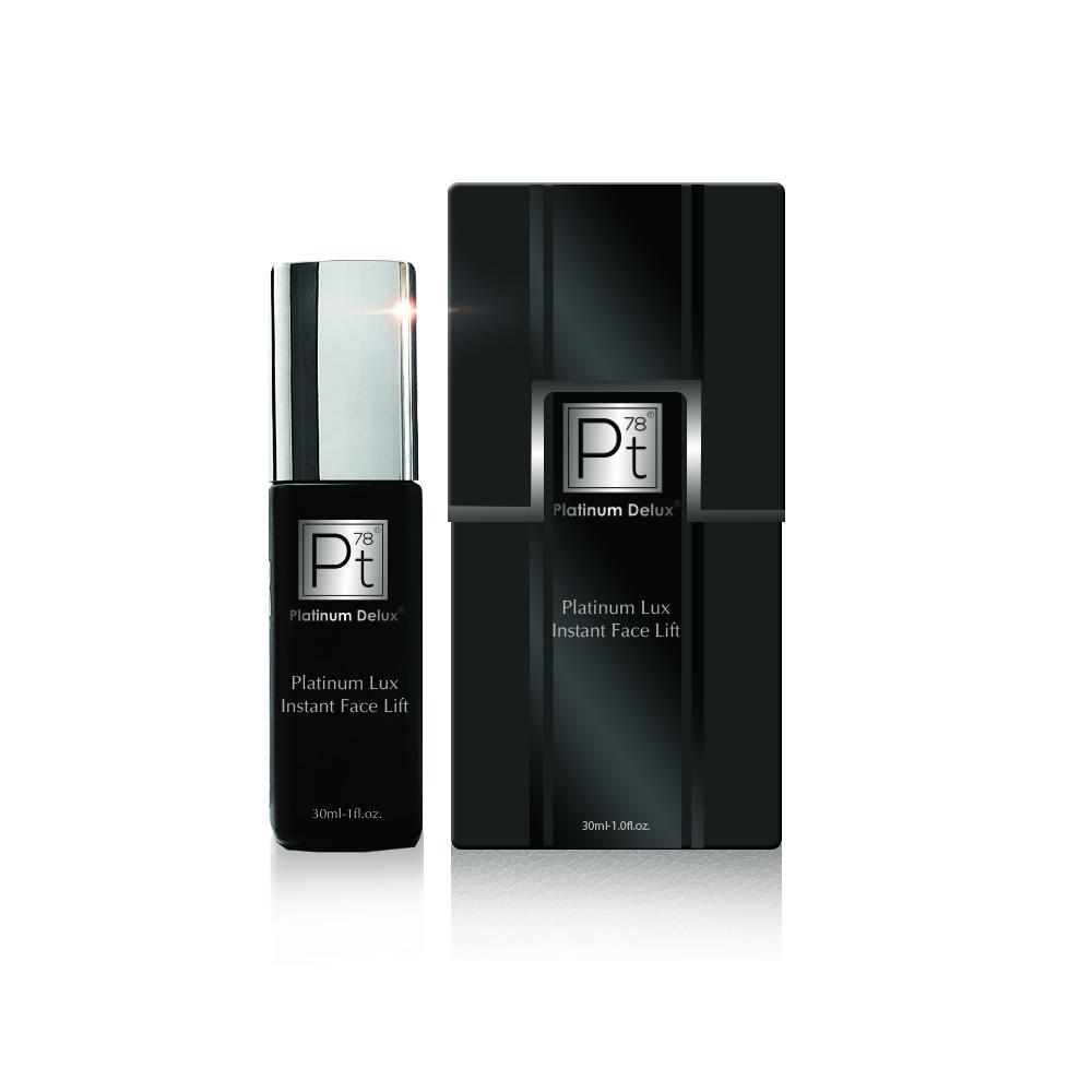 Platinum Lux Instant Face Lift serum bottle with a sleek design, showcasing its luxurious packaging and highlighting its anti-aging properties.