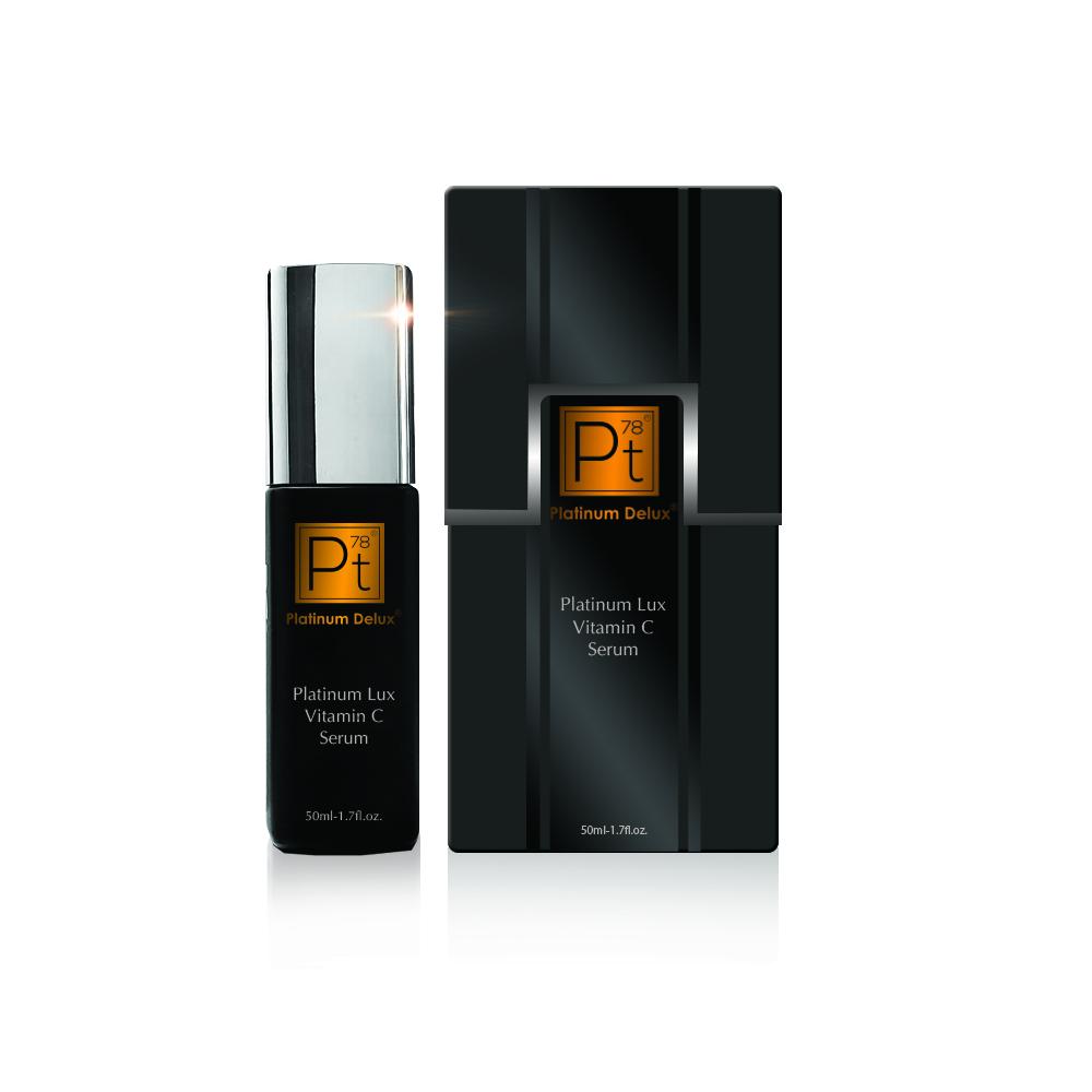 Platinum Lux Vitamin C Serum bottle with a sleek design, showcasing its luxurious packaging and vibrant color.