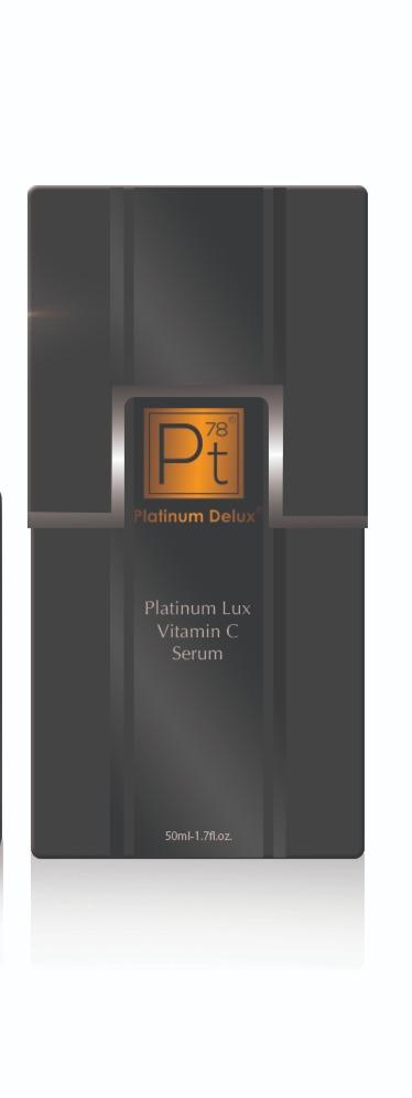 Platinum Lux Vitamin C Serum bottle with a sleek design, showcasing its luxurious packaging and vibrant color.