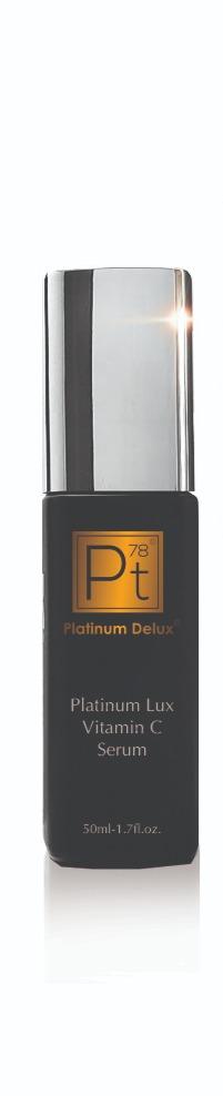 Platinum Lux Vitamin C Serum bottle with a sleek design, showcasing its luxurious packaging and vibrant color.