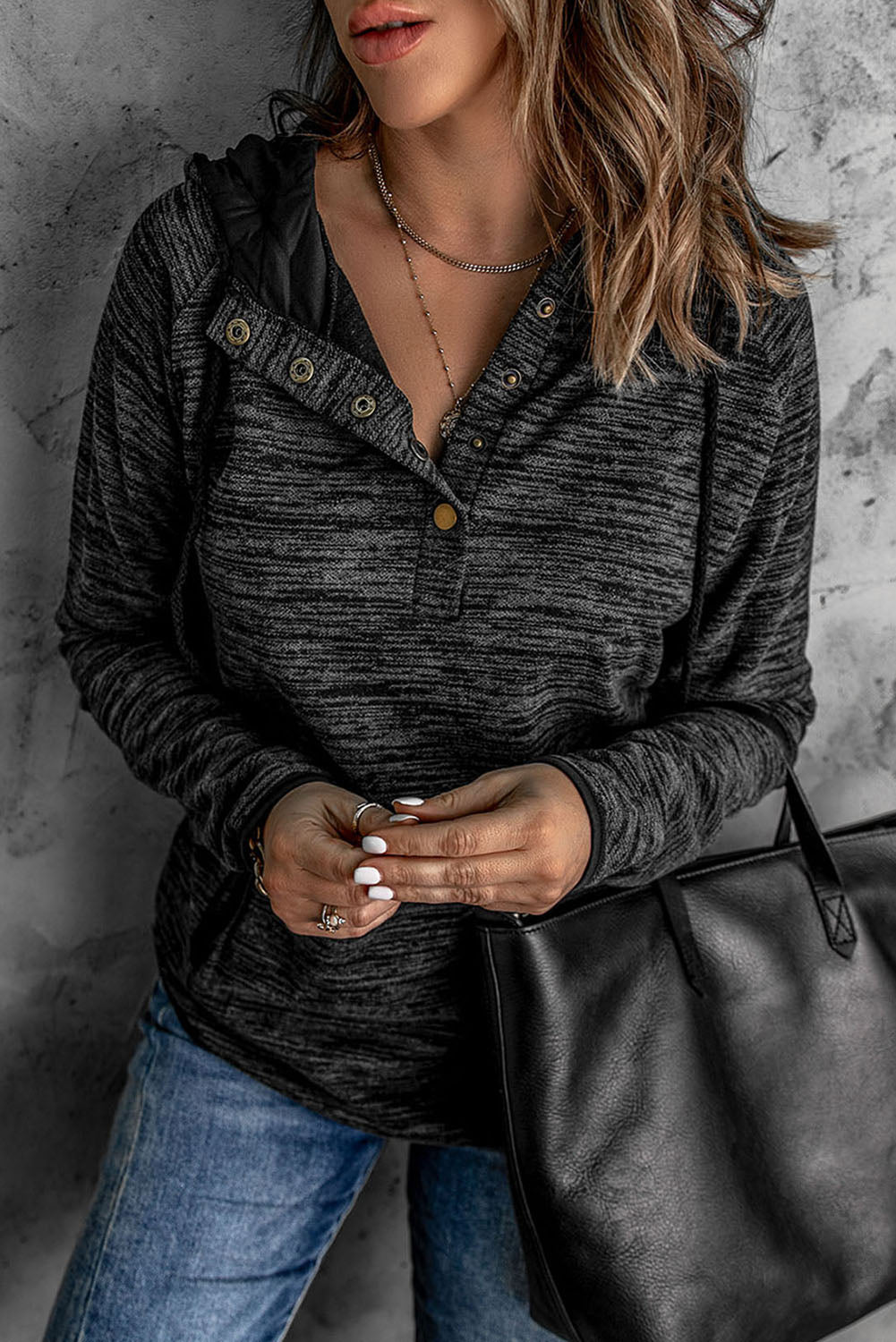 A stylish Pocket Design Buttoned Casual Hoodie in heathered and solid colors, featuring a buttoned front and long sleeves, perfect for casual wear.