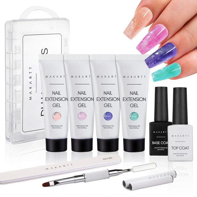 A vibrant set of Sweet Cravings Spring Color Poly Nail Extension Gel in various pastel shades, showcasing the 9PCS combo with 15ml tubes.