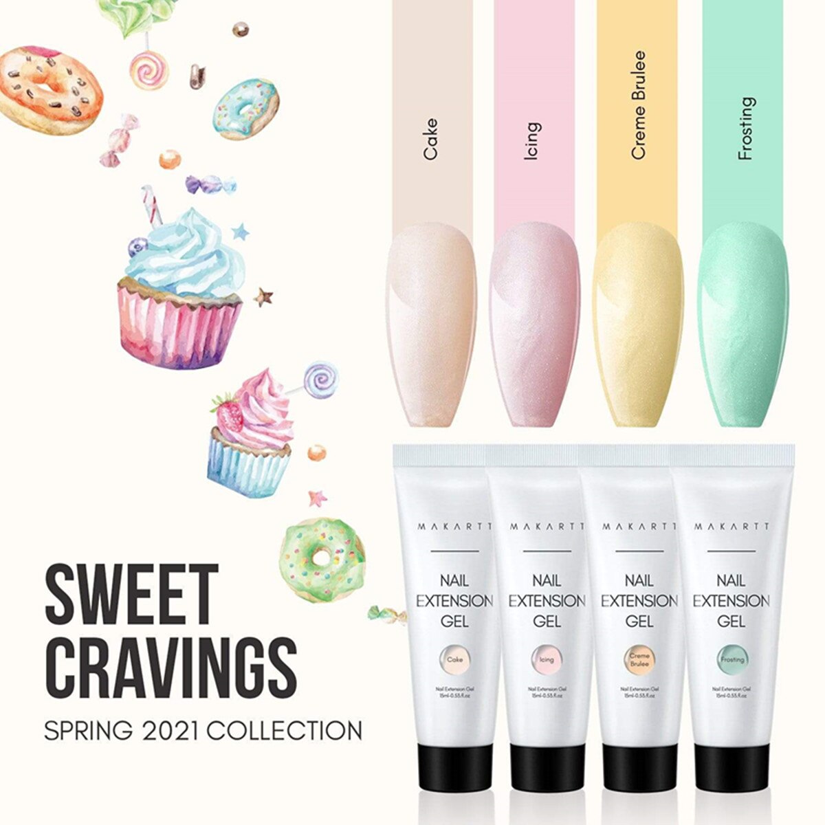 A vibrant set of Sweet Cravings Spring Color Poly Nail Extension Gel in various pastel shades, showcasing the 9PCS combo with 15ml tubes.