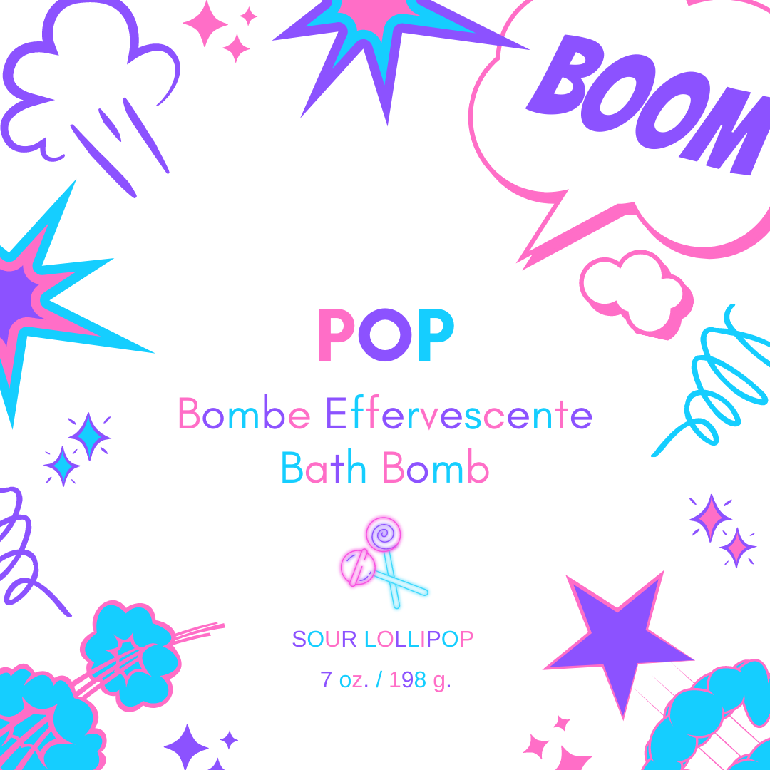 A vibrant and colorful POP Bath Bomb shaped like a lollipop, showcasing its eco-friendly ingredients and handmade quality.