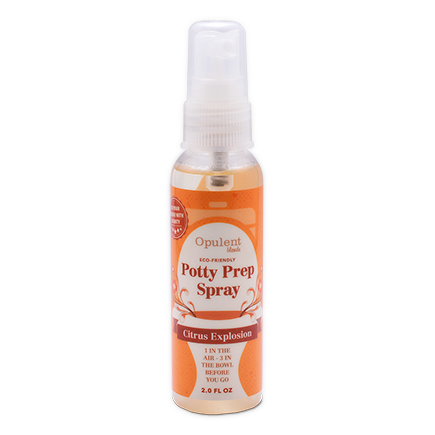 A bottle of Potty Prep Spray in Citrus scent, designed to trap odors and freshen bathrooms.