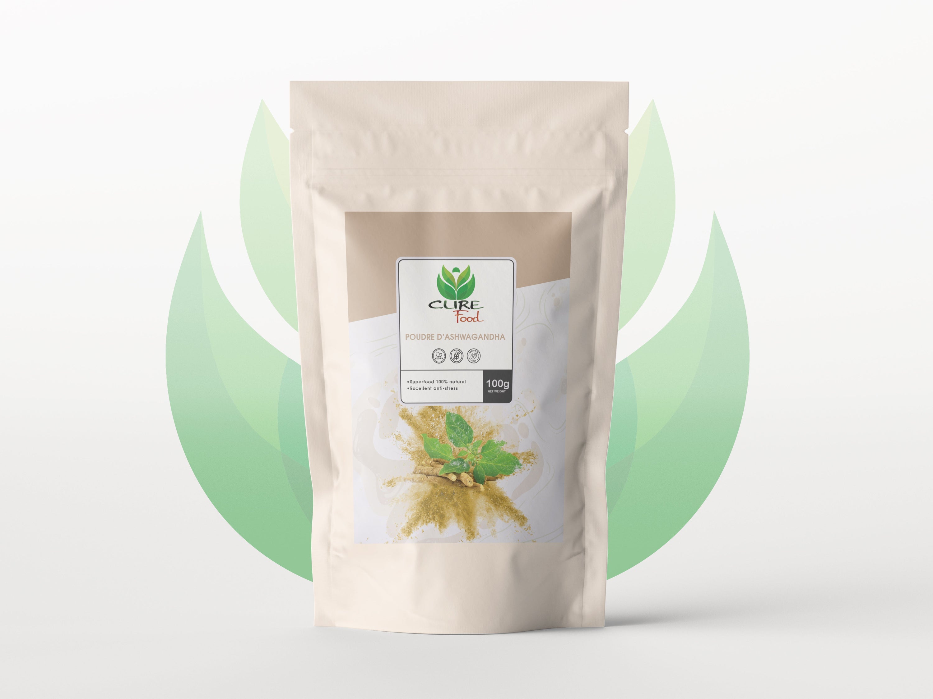 Poudre d'Ashwagandha en sachet, une plante adaptogène pour réduire le stress et améliorer le bien-être.