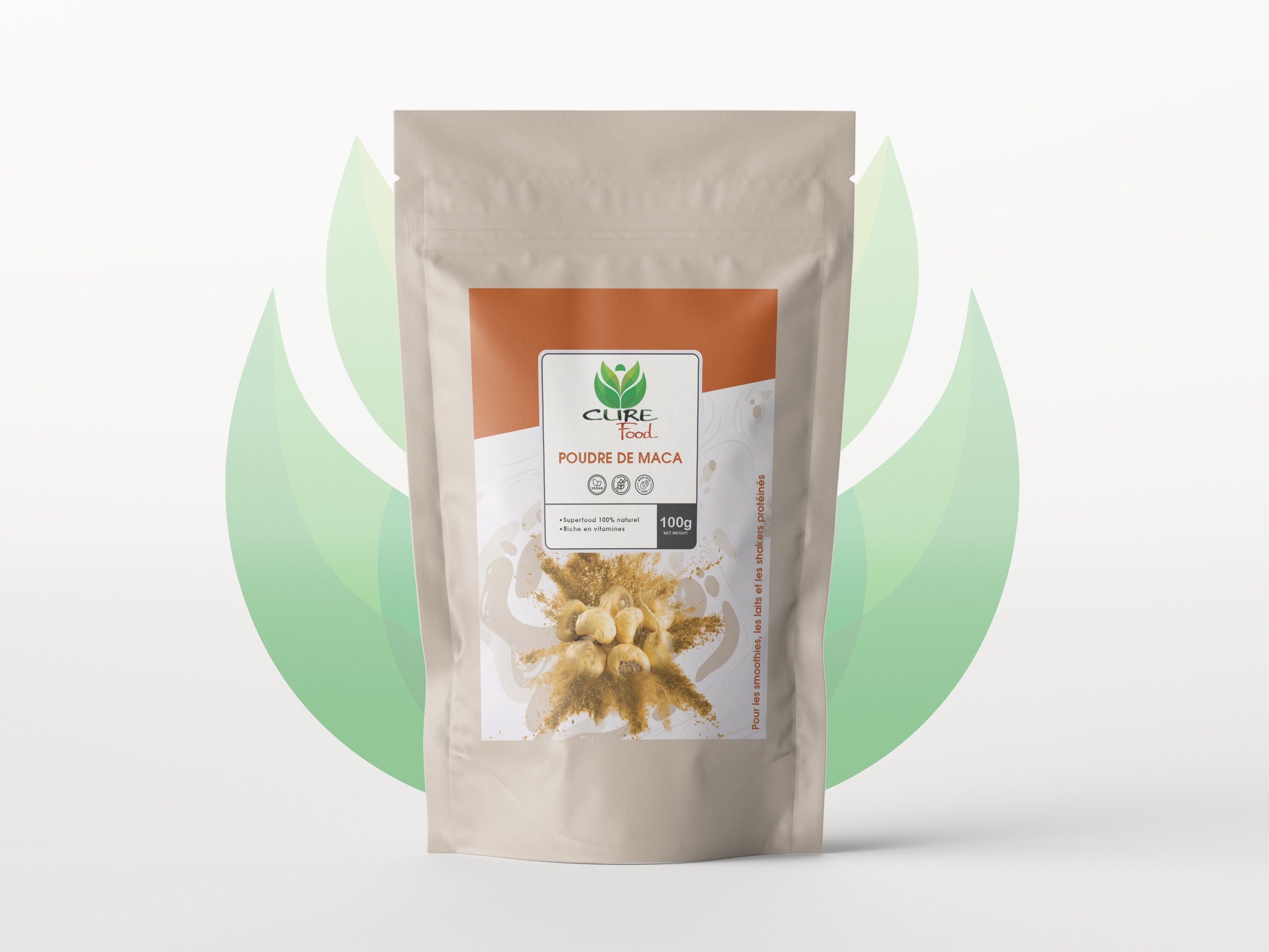 Poudre de Maca en sachet, riche en nutriments, idéale pour smoothies et recettes santé.