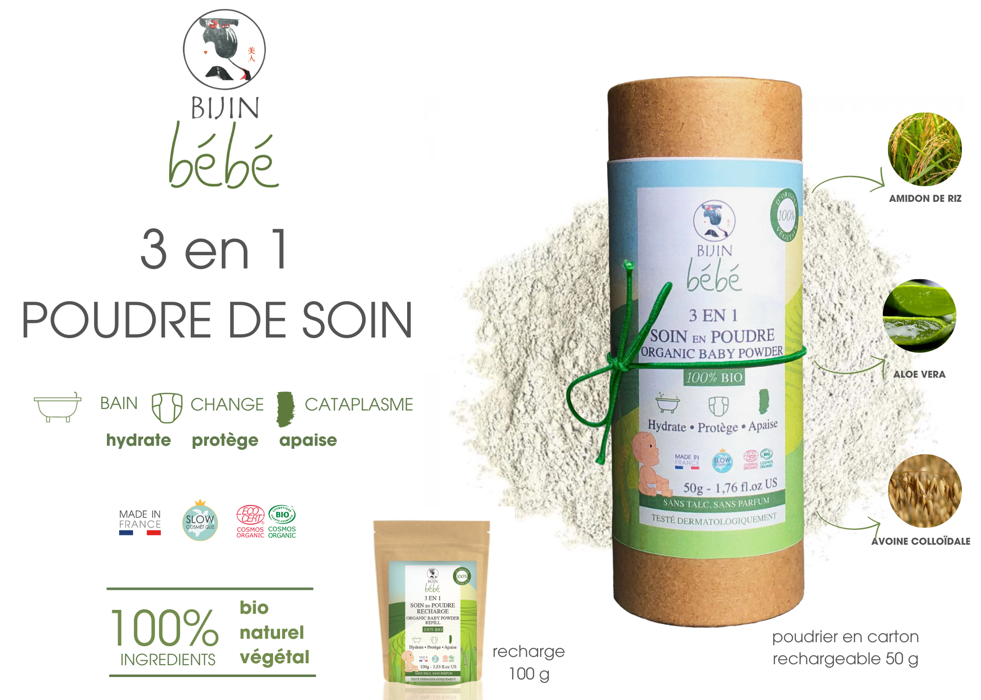 Poudre de soin bio 3 en 1 pour bébé, 100% naturelle, dans un emballage éco-responsable, idéale pour la peau sensible.