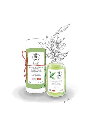 Poudre nettoyante et masque visage matcha 2 en 1, présentée dans un élégant emballage, avec des ingrédients naturels comme le thé matcha et les azukis.