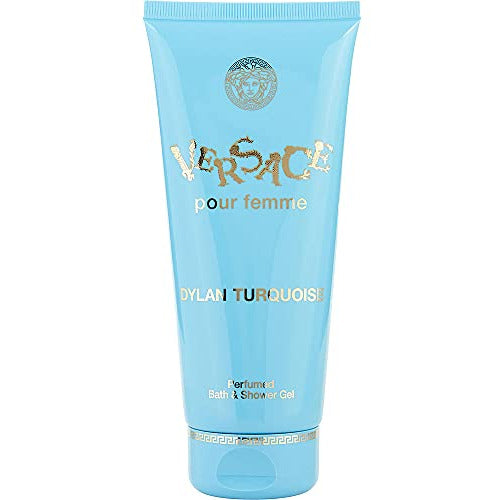 Versace Pour Femme Dylan Turquoise Bath & Shower Gel in a sleek bottle with turquoise accents, showcasing luxury and elegance.