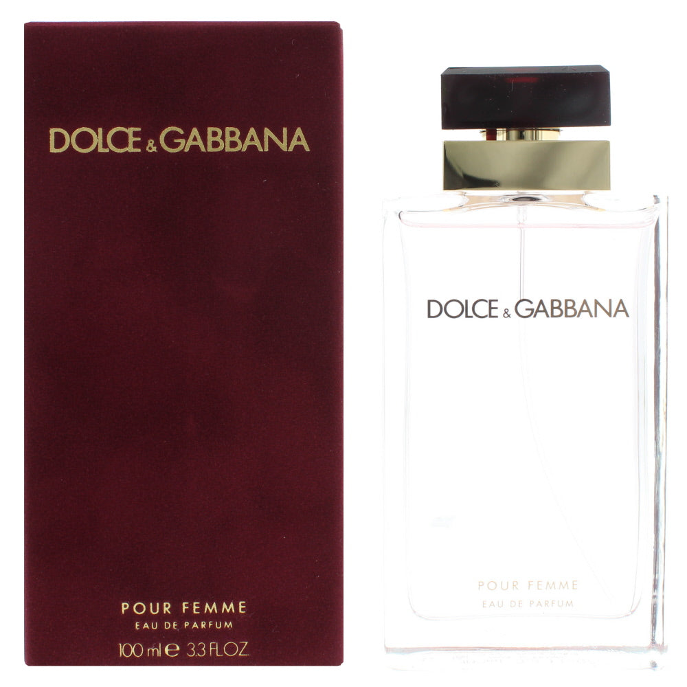 Dolce&Gabbana Pour Femme Eau de Parfum bottle with floral accents, showcasing elegance and sophistication.