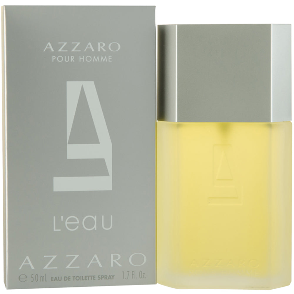 Azzaro Pour Homme L'Eau Eau de Toilette bottle with a sleek design, showcasing a light blue liquid inside.