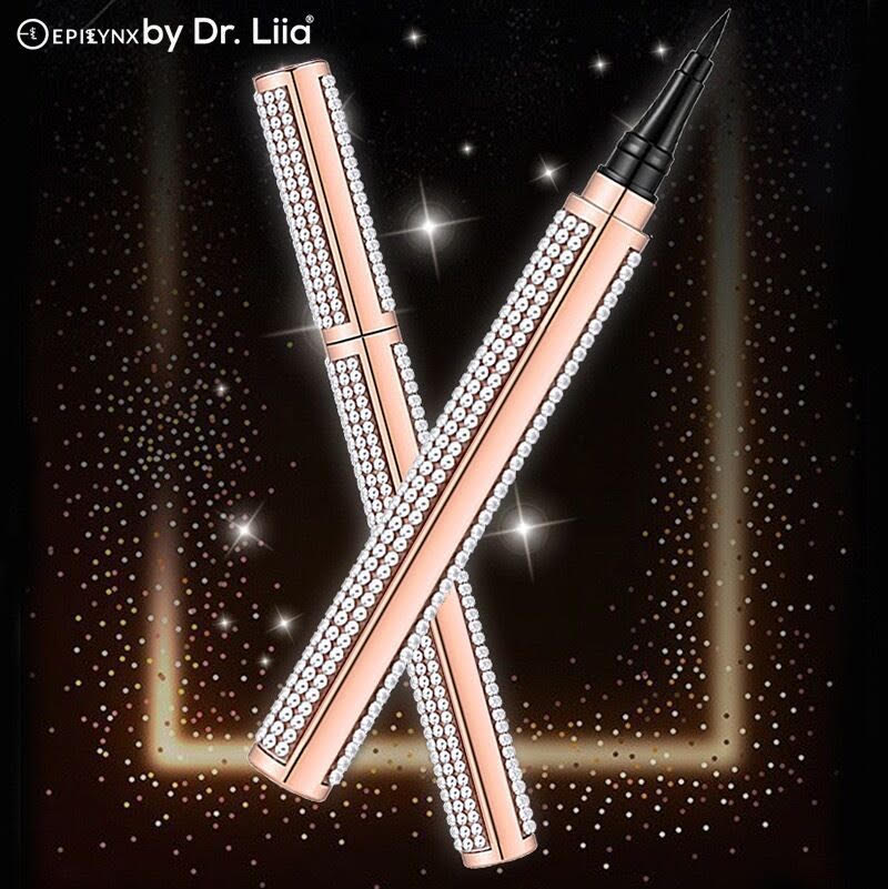 Precision Black Liquid Eyeliner with tapered brush for precise application, showcasing its sleek design and rich black color.