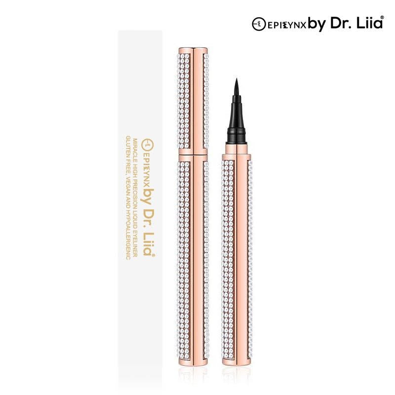 Precision Black Liquid Eyeliner with tapered brush for precise application, showcasing its sleek design and rich black color.