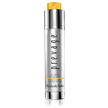 Elizabeth Arden Prevage Anti-Aging Moisture Lotion SPF30 in a sleek bottle, showcasing its luxurious design and sun protection features.