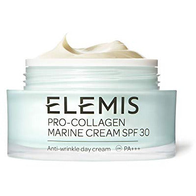 Elemis Pro-Collagen Marine Cream SPF30 in a sleek jar, showcasing its luxurious texture and sun protection benefits.