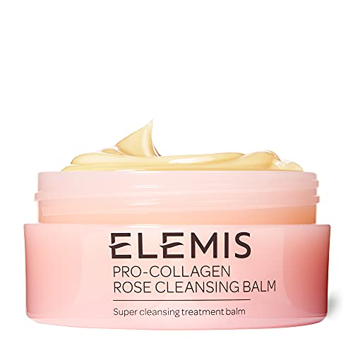 Elemis Pro-Collagen Rose Cleansing Balm in a jar with a rose background, showcasing its luxurious texture.