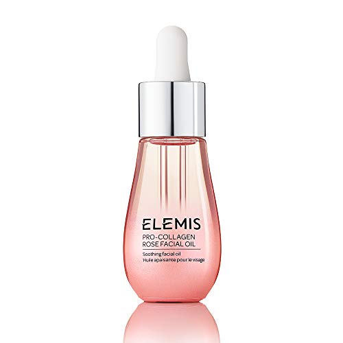 Elemis Pro-Collagen Soothing Rose Facial Oil in a glass bottle with a dropper, showcasing its luxurious rose-infused formula.