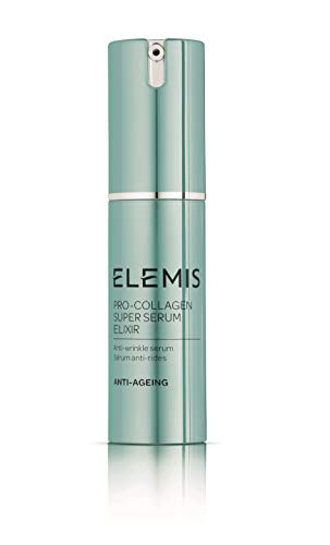 Elemis Pro-Collagen Super Serum Elixir in a sleek bottle, showcasing its luxurious texture and hydrating properties.