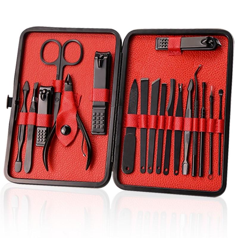 Professional Nail Clipper Kit featuring 18 stainless steel grooming tools for manicure, pedicure, and facial care.