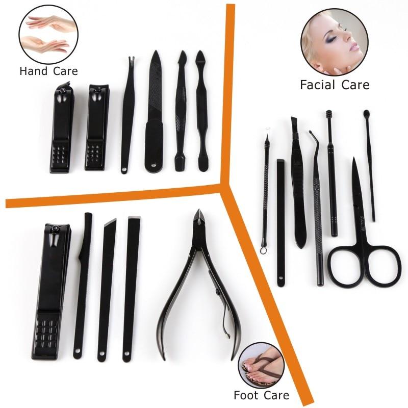 Professional Nail Clipper Kit featuring 18 stainless steel grooming tools for manicure, pedicure, and facial care.