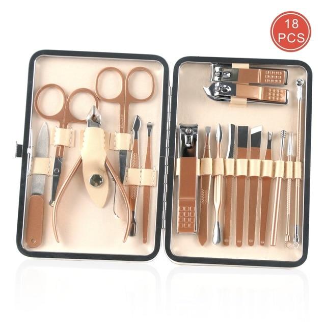 Professional Nail Clipper Kit featuring 18 stainless steel grooming tools for manicure, pedicure, and facial care.