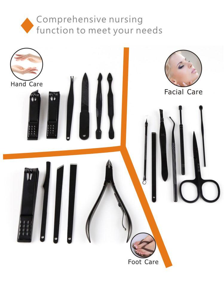 Professional Nail Clipper Kit featuring 18 stainless steel grooming tools for manicure, pedicure, and facial care.