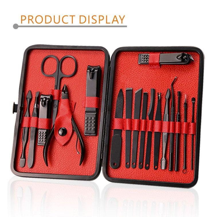 Professional Nail Clipper Kit featuring 18 stainless steel grooming tools for manicure, pedicure, and facial care.