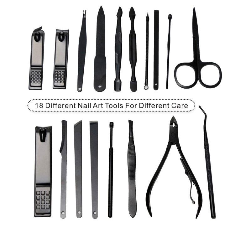 Professional Nail Clipper Kit featuring 18 stainless steel grooming tools for manicure, pedicure, and facial care.