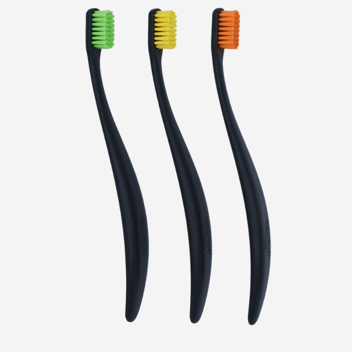 Promis Brush Triopack featuring eco-friendly toothbrushes with soft bristles and ergonomic handles, ideal for gentle dental care.