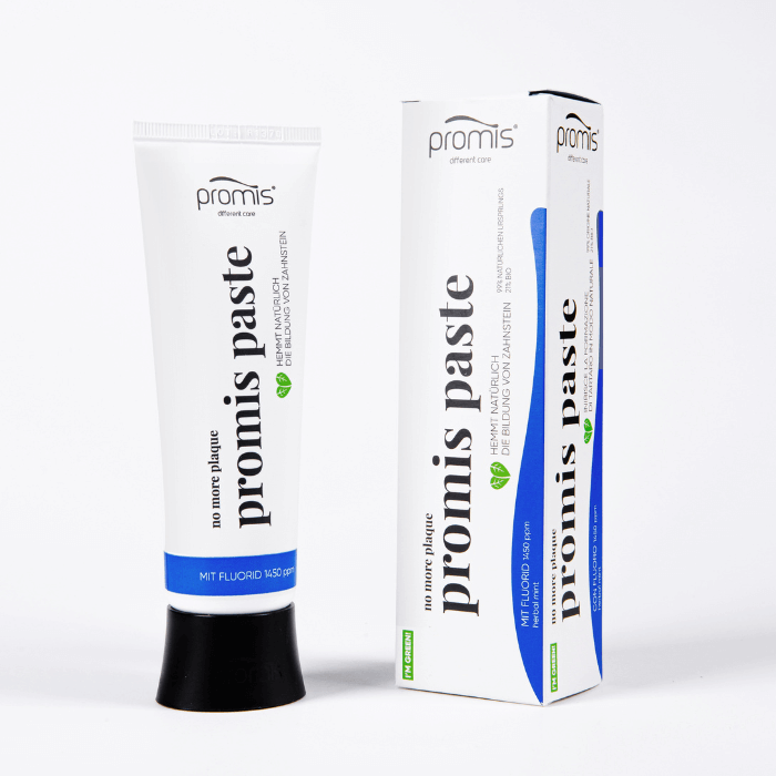 Promis Paste natural toothpaste tube with a fresh mint flavor, showcasing its eco-friendly packaging and natural ingredients.